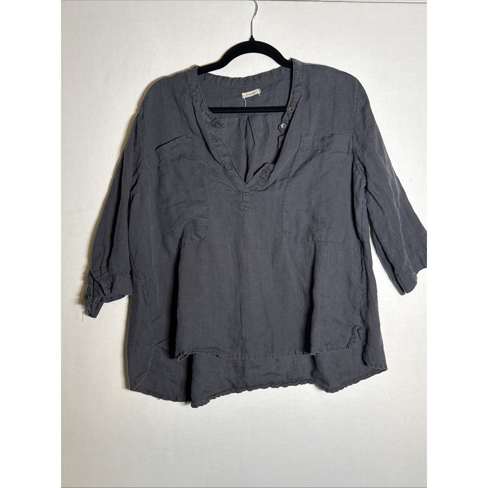 Shamale Womens Grey V Neck Tunic Blouse 3/4 Sleeve Pleated Casual Top